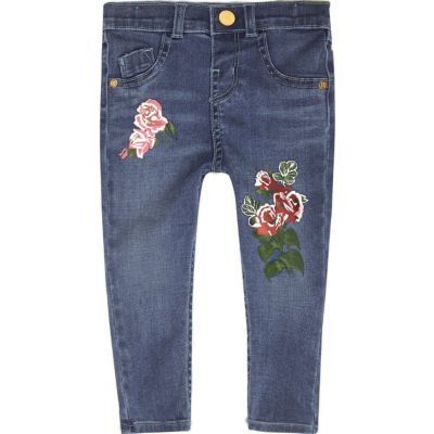 Mini girls blue floral print skinny jeans